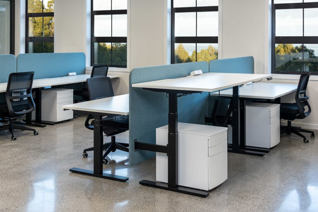 white sit-stand desks
